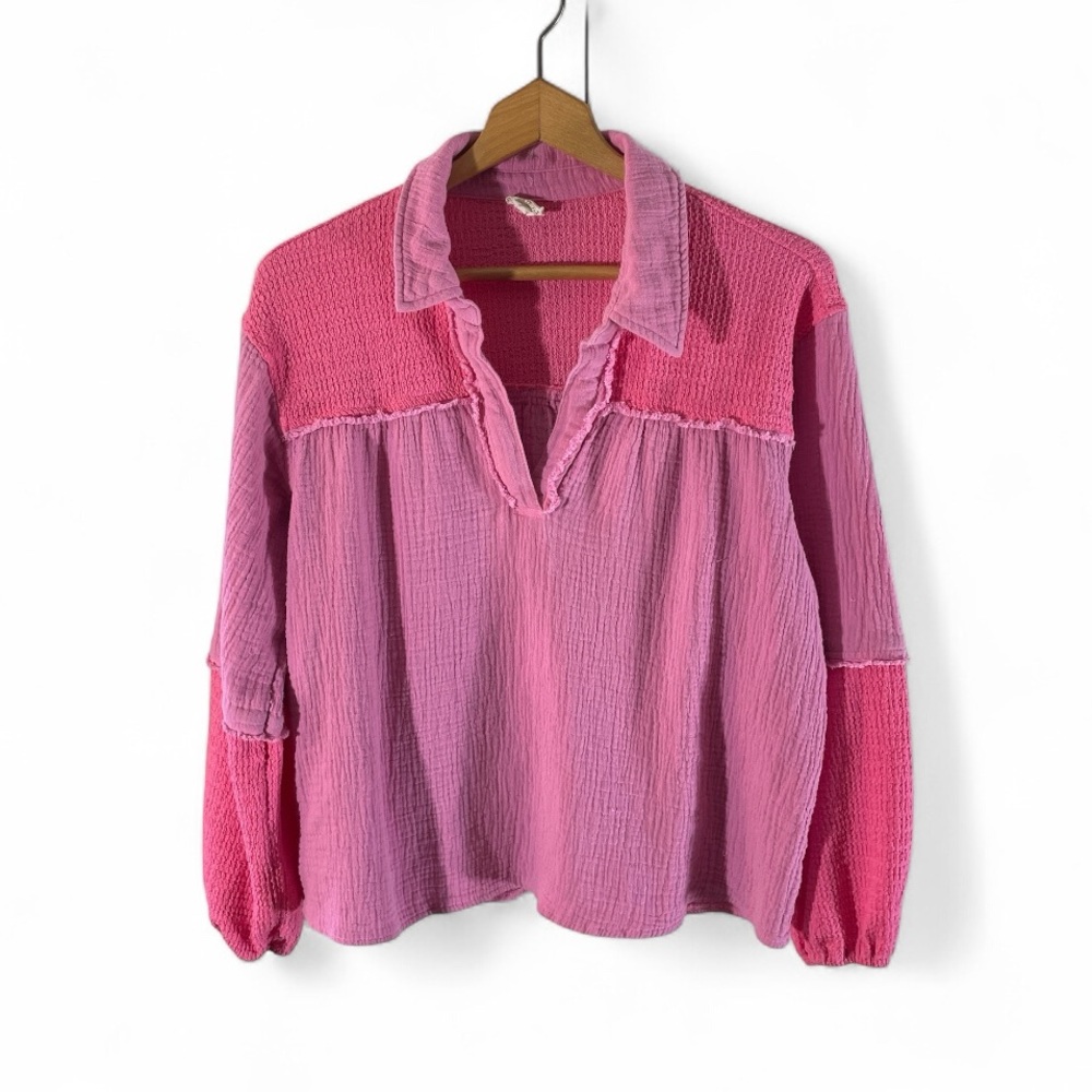 F3- Hem & Thread Two-Tone Pink Blouse Large Lg